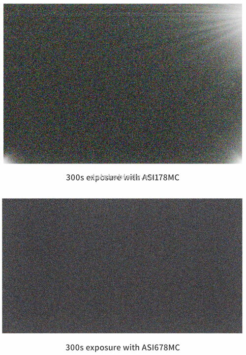 Ukážka amp-glow osvitu pri astro kamerách ZWO ASI678 vs ASI178