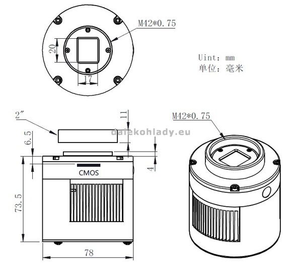 Rozmery ZWO ASI 533 MC Pro astro kamera